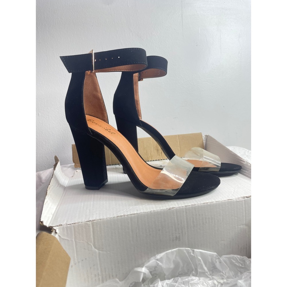 Black Suede Clear Strap Block Heel Ankle Strap Sandals Size 8 - Picture 3 of 6